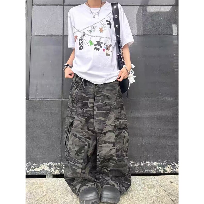 文艺潮流迷彩工装阔腿裤秋季宽松反腰头新款百搭时尚NZA393,男装牛仔裤,星座516A