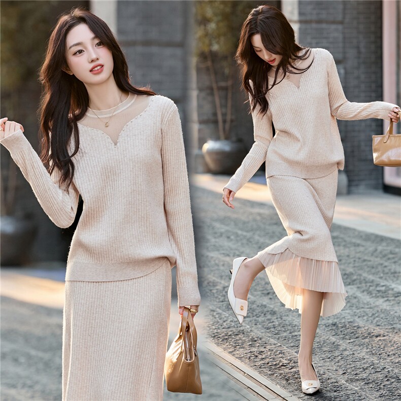 【现货】2025年秋季新款拼接网纱毛衣半身裙气质显瘦套装，女装套装/套裙，辉煌依升