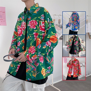 C203春装长袖男士宽松东北大花港风衬衣外套民族特色牡丹花衬衣男图片