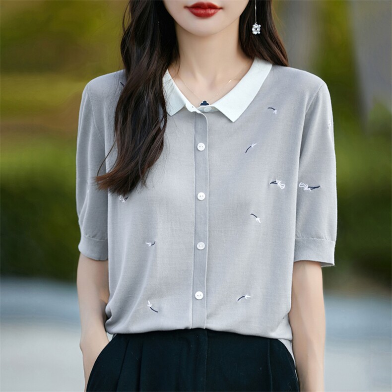 洋气减龄娃娃领刺绣针织薄T恤女拼色POLO领正肩半袖百搭翻领上衣,针织衫/毛衣,暖烁羊绒
