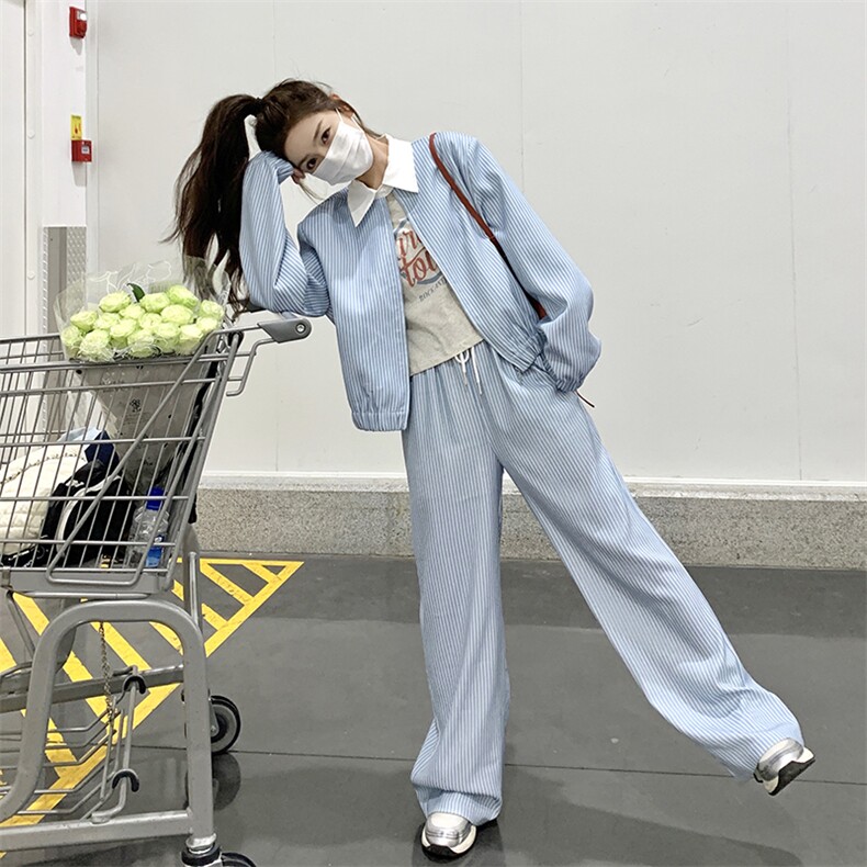 【新款】时髦减龄条纹拼色两件套翻领套装088-9907p165控228,女装套装/套裙,2C088