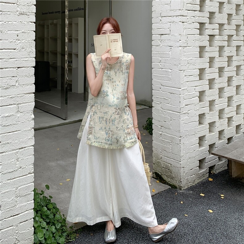 新中式国风印花开叉背心阔腿裤套装女2025夏新款高级感休闲两件套,女装套装/套裙,维壹