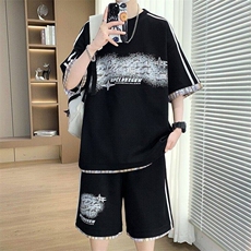 TZ25355-P55夏季休闲T恤短裤男两件套青少年学生运动短袖套装，男装牛仔裤，电商D310B