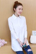 排多扣POLO领纯色衬衫2021年春季长袖中长款时尚修身显瘦淑女，女装衬衫，依恋蒂丝