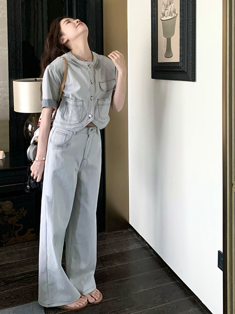 甜酷气质减龄牛仔套装女2025夏季新款设计感圆领上衣阔腿裤两件套,女装套装/套裙,浙宝220