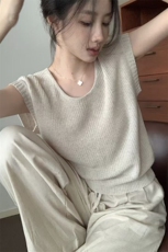 凉爽软冰丝u领螺纹针织衫女纯色气质圆领长袖外穿显瘦，女装T恤，萱芳婷羊绒