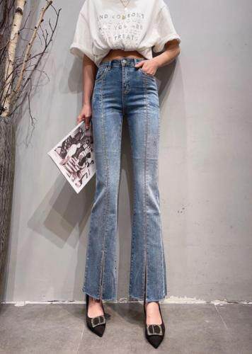 Simple.简希2021重工钻下摆开叉牛仔裤，女装牛仔裤，simple简希