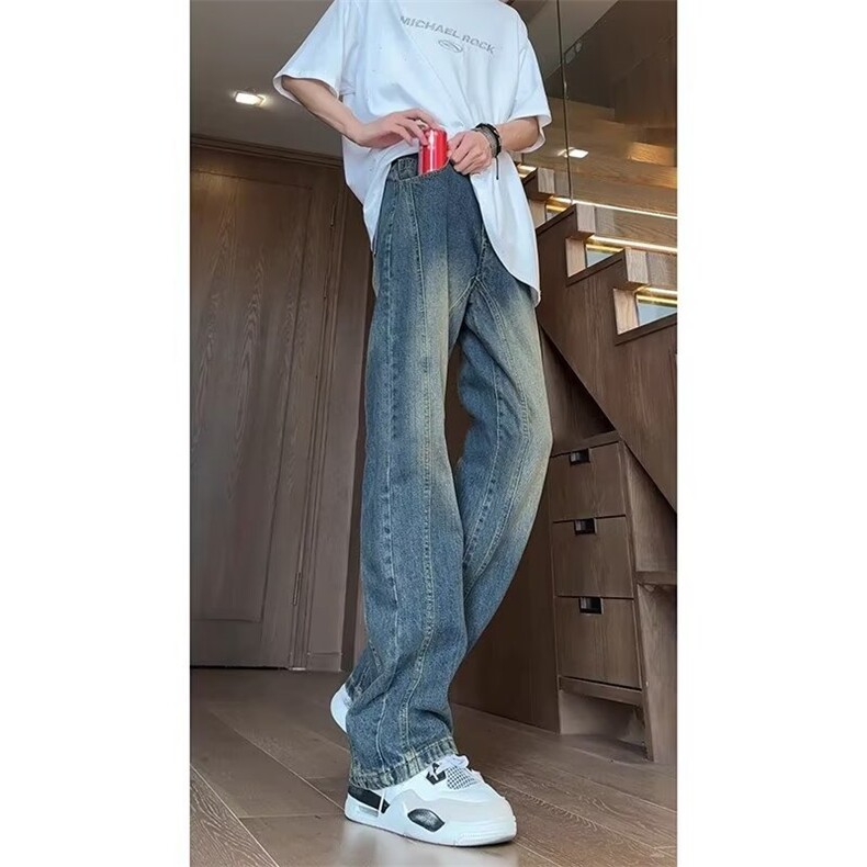 拼接牛仔裤男秋美式高级感裤子加长高个子弯刀微喇裤AM804P48,男装牛仔裤,星座1013-5