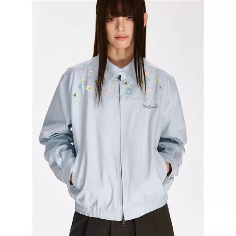 美式高街宽松蓝色字母花朵刺绣外套女春秋男女夹克HH730P62,男装夹克,星座1013-5