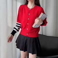 开衫条纹拼接圆领单排扣显瘦2024年秋季针织衫，女装羊毛衫，臻纶羊绒