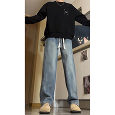 美式高街直筒牛仔裤男款阔腿微喇宽松百搭裤子潮牌KZ007P60加绒70，男装牛仔裤，电商B312