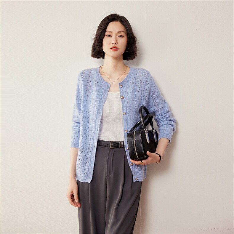 圆领宽松外穿慵懒风针织35%羊绒开衫女秋冬季新款纯色外套短款,女装羊绒衫,缇曼羊绒