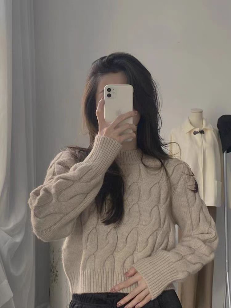 秋季新款舒适显瘦时尚百搭半高领麻花针织衫柔软保暖优雅气质,女装羊毛衫,恒恩羊绒