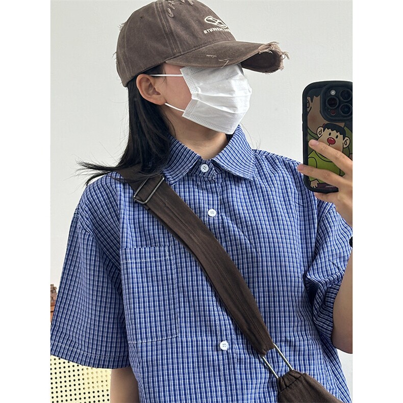 格子衬衫春夏美式短袖衬衫港风情侣装休闲衬衣 CS286-P30图片