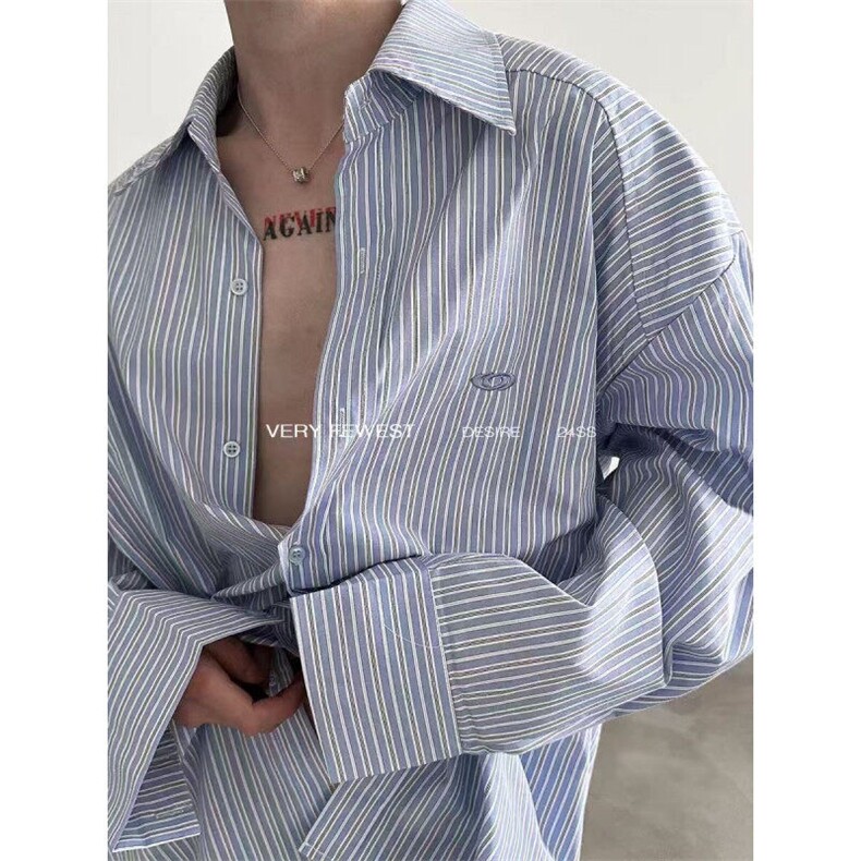 美式辜负度假风蓝白条纹衬衫男女春夏设计感宽松衬衣CS0175P45,男装衬衫,电商D256-1(原A064-1)