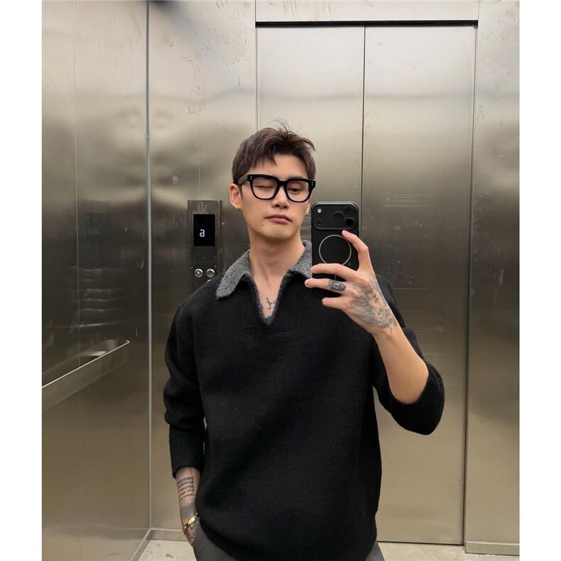假两件拼接亲肤通勤软糯V领撞色宽松针织毛衣MD96-P57,男装针织衫/毛衣,星座208-5