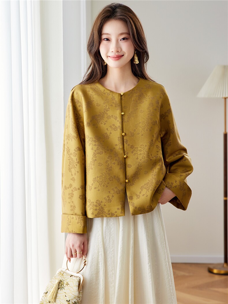 在仓~2026年春季圆领插肩袖单排扣真口袋提花带里布拼色外套,女装短外套,新依时派