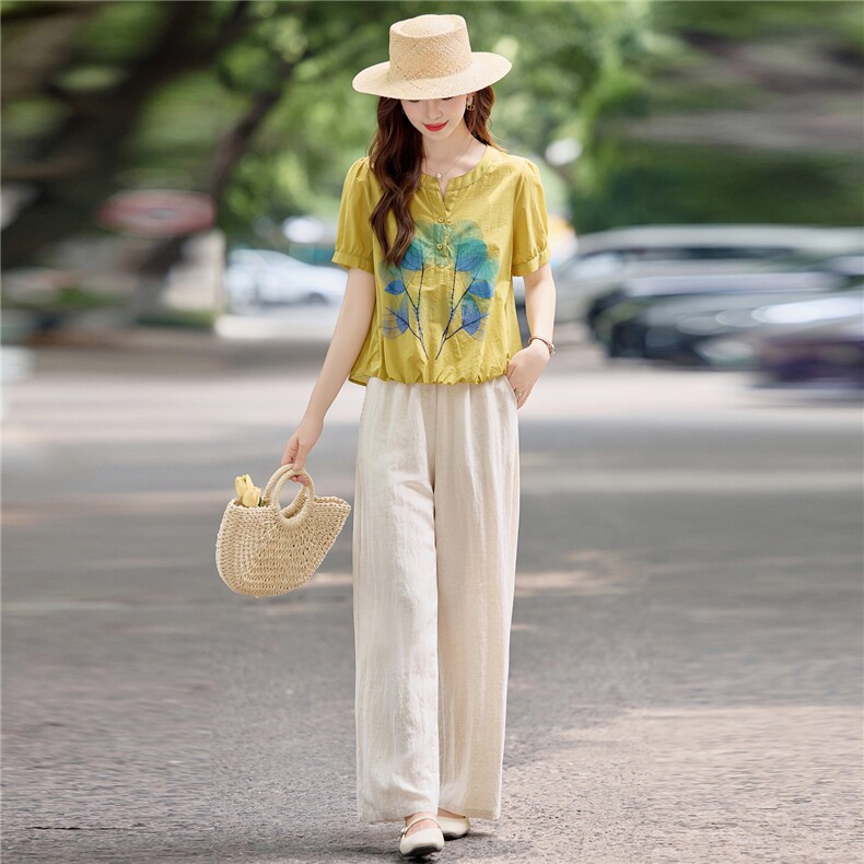 文艺气质休闲减龄套装女2025夏新款时尚印花短袖衬衫阔腿裤两件套,女装套装/套裙,依万里