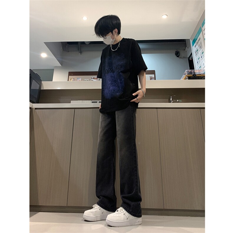 现货24春夏渐变复古蓝黑色宽松直筒阔腿牛仔裤男K5806-P50,男装牛仔裤,星座205