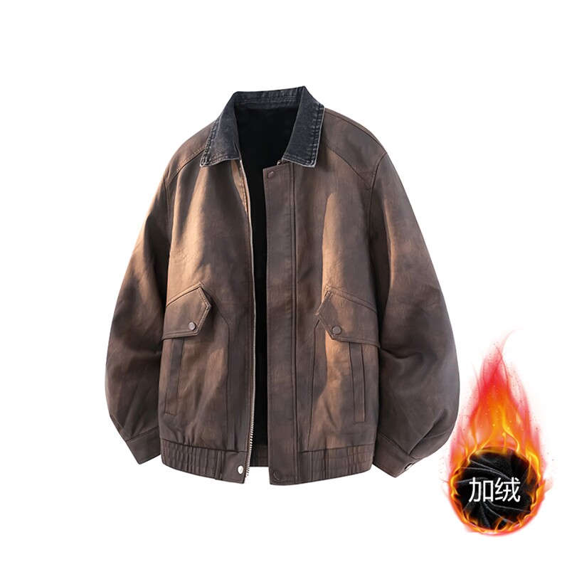 2025秋冬老钱风男士加绒皮衣翻领高品质短款风衣PY61-120，男装风衣，电商B278