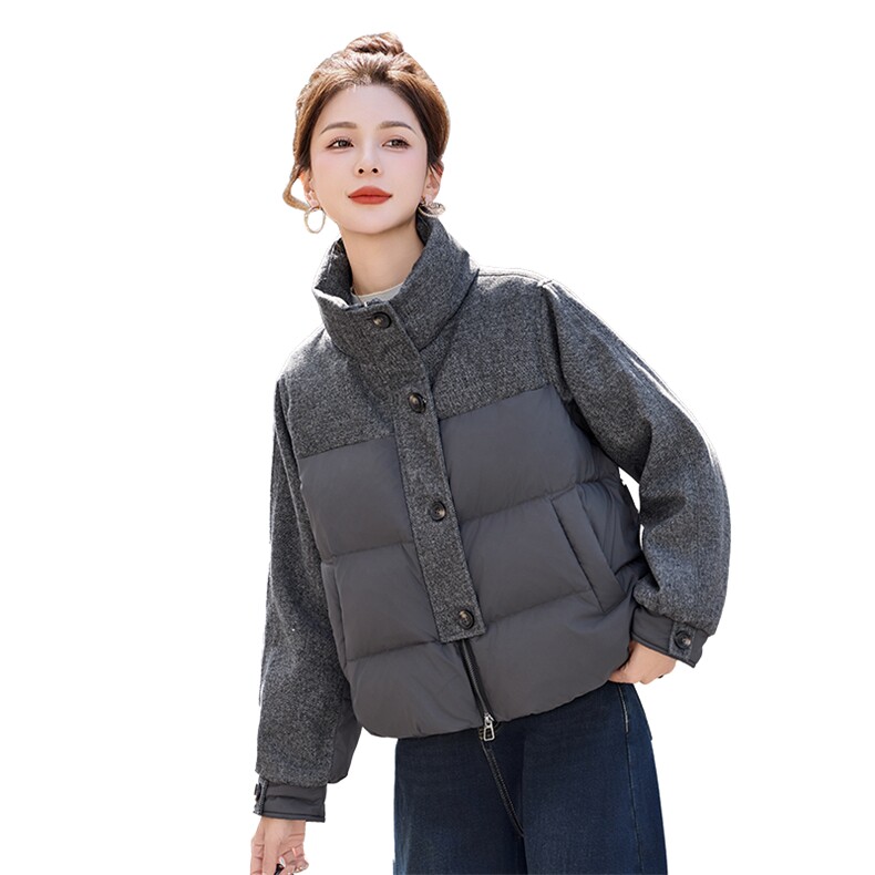 冬装时尚新款毛呢拼接90白鸭绒短款加厚羽绒服外套,女装羽绒服,姿衣坊