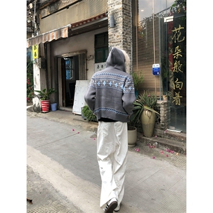 重磅北极绒座山雕毛衣外套冬美式复古休闲慵懒风大毛毛领针织开衫图片