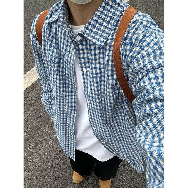 慵懒风蓝色格子衬衫男款春夏季复古格纹衬衣cleanfit外套C58,男装衬衫,星座1116A（原606A-3）
