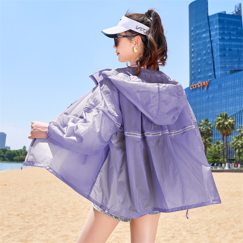 180-8315P80K128-时尚纯色带条纹微透镂空花纹防晒衣，女装防晒衣，帛香坊