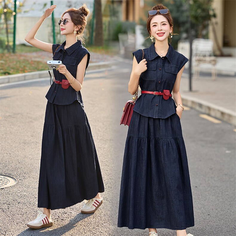 时尚牛仔套装连衣裙女2025夏季新款气质收腰无袖衬衫半身裙两件套,女装套装/套裙,布芭啦