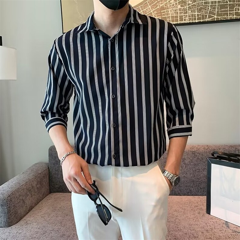 春季潮流青春流行男衬衫文艺标准百搭条纹简约七分袖C156-9图片