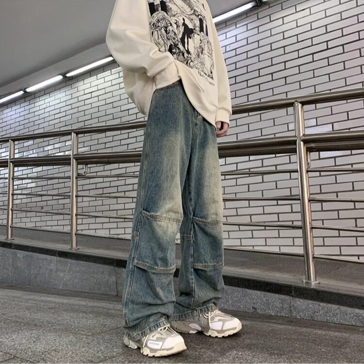 YF1046男生穿搭高级感牛仔裤小众设计感宽松直筒裤欧美痞帅长裤,男装牛仔裤,星座308A-1（原309B-1）