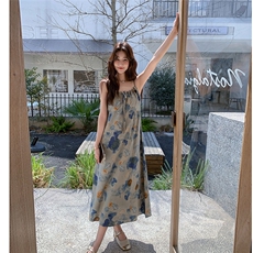 新品【现货】水墨扎染度假风吊带裙C258-2583-P105K168，女装连衣裙，2C258