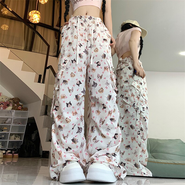 X321-P78复古松紧腰伞裤褶皱工装裤夏季小猫小狗涂鸦多口袋裤子,男装工装外套,星座911