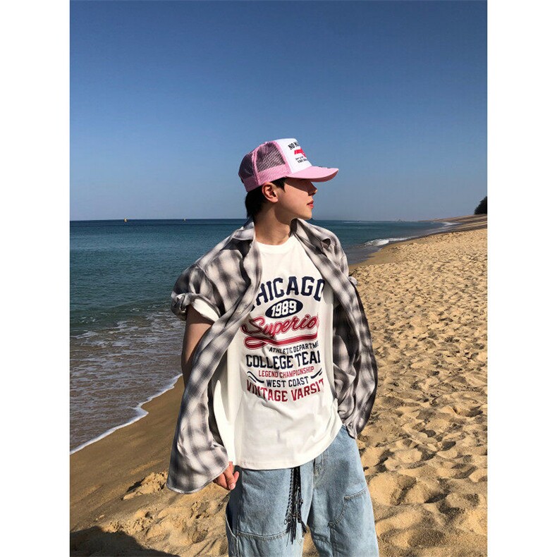 美式格纹短袖衬衫男女夏季潮牌宽松衬衣休闲情侣防晒外套927P45,男装防晒衣,星座710