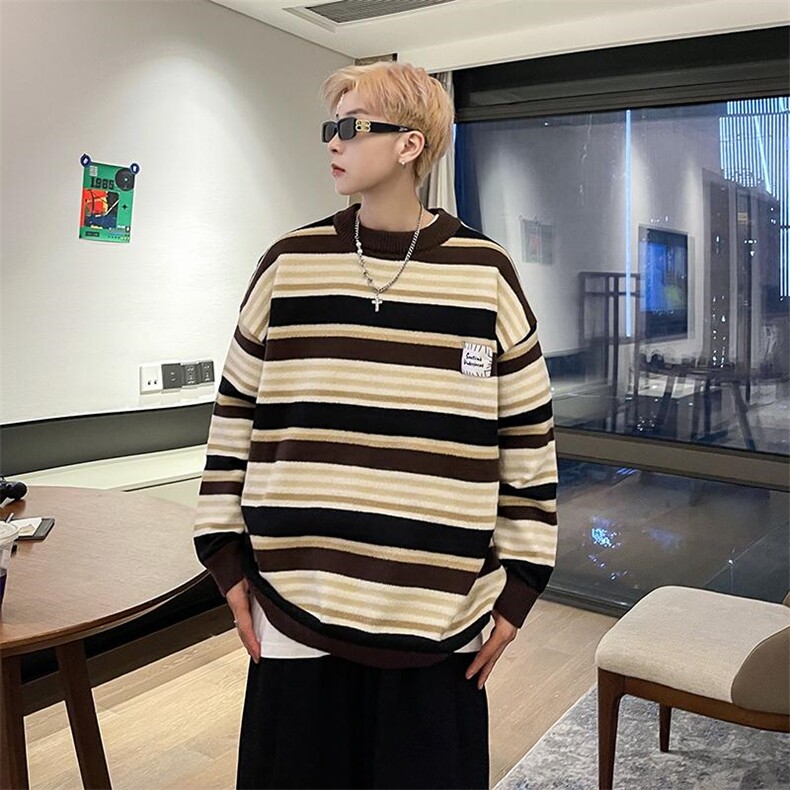 日系宽松慵懒风毛衣男2024春秋季条纹针织衫港风宽松情侣线衣,男装针织衫/毛衣,星座716-2