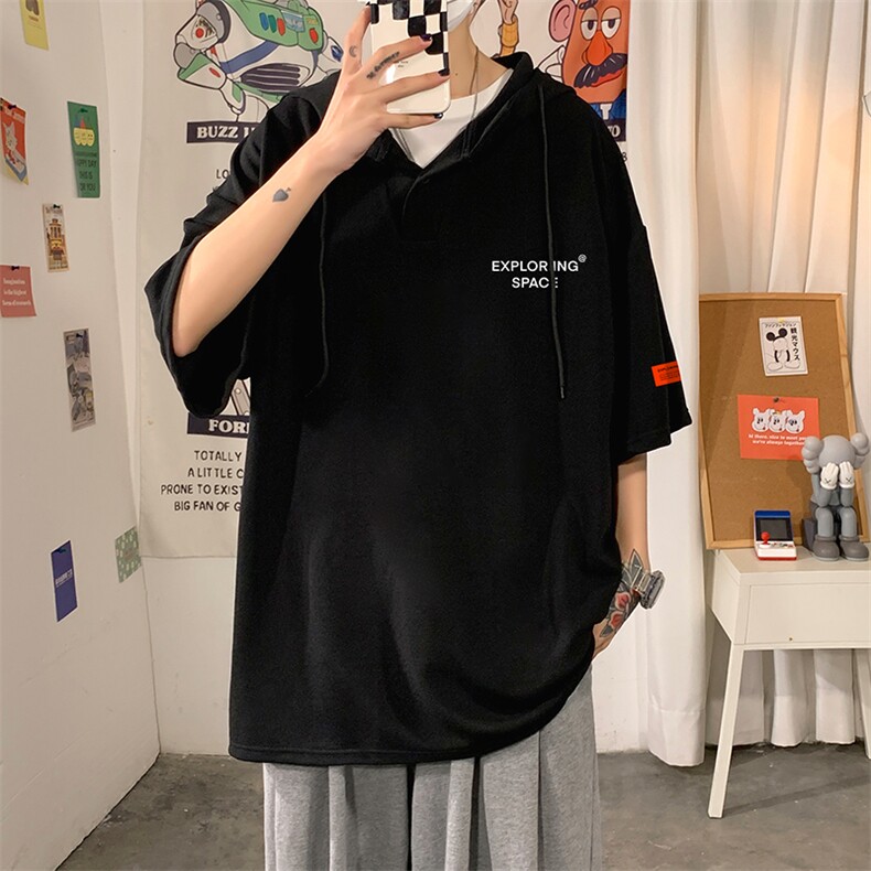 LD54244-P45NASA连帽短袖t恤男大码胖子带帽五分袖中袖,男装T恤,电商A040