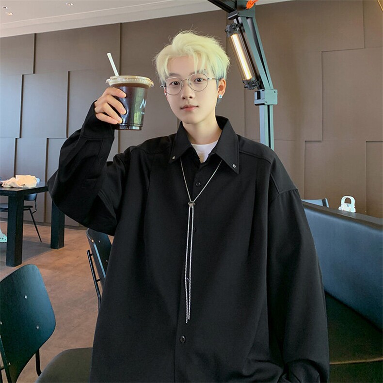 春季项链设计感潮流男士休闲黑色长袖衬衫XZ225-3-CS11-P55控85，男装衬衫，星座225-3