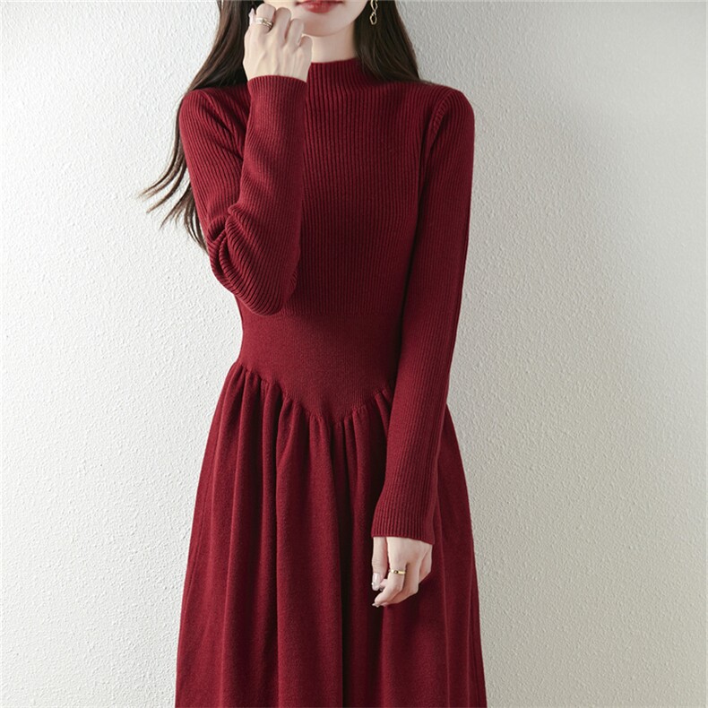 配大衣针织连衣裙女士2024冬季新款坑条半高领配大衣毛衣裙,女装连衣裙,暖姿羊绒
