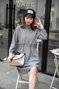 秋装新款上市：罗马针织拼接千鸟格休闲连衣裙M一XXL，女装连衣裙，拉思维加丝