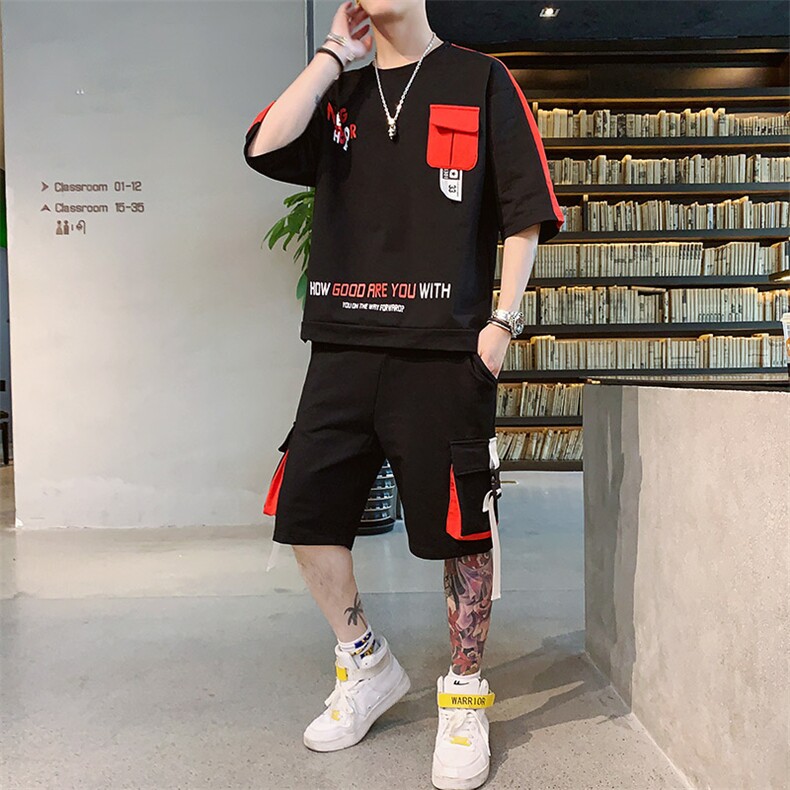 新款夏季潮流时尚T恤男装青少年宽松棉质圆领五分裤套装F161P70,男装休闲套装,电商A086