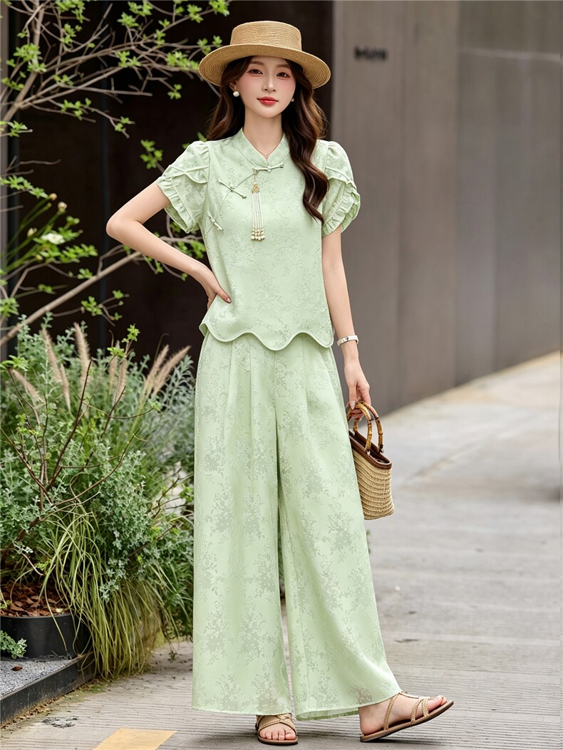现货新中式风套装女2026夏季新款提花波浪边上衣阔腿裙裤两件套,女装套装/套裙,艾仟回(原伊仟回)
