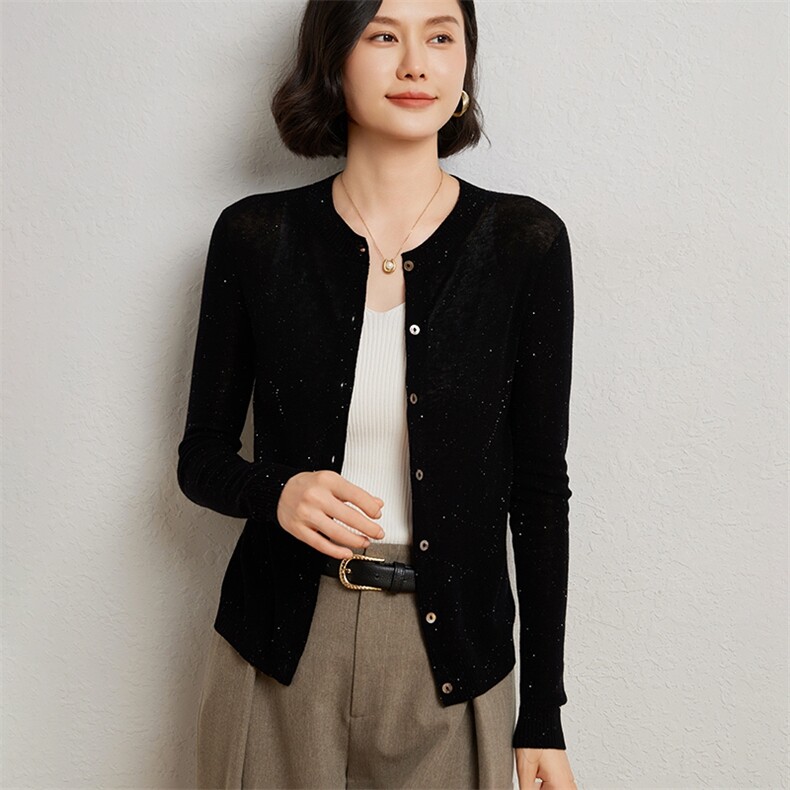 时尚潮流开衫2024年秋季羊毛16G珠片圆领开衫打底衫女,女装羊绒衫,臻维羊绒