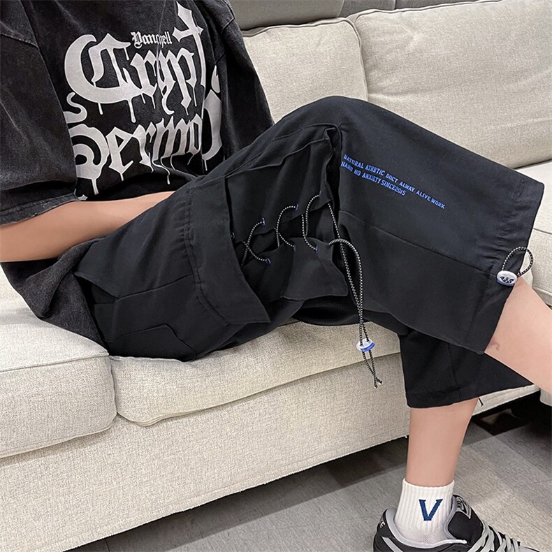 夏季新款潮流宽松工装短裤男抽绳休闲裤学生直筒七分裤子,男装牛仔裤,星座410-7