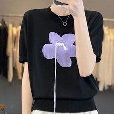 【明星同款】夏季圆领冰丝短袖T恤女宽松显瘦百搭套头背心上衣，女装针织衫/毛衣，雪真羊绒