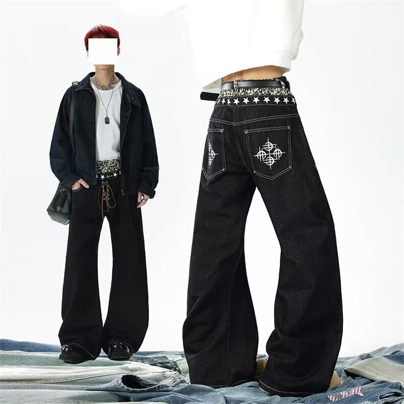 文艺潮流ins日系豹纹拼接牛仔裤慵懒气质时尚流行简约百搭新款，男装牛仔裤，星座1210-1