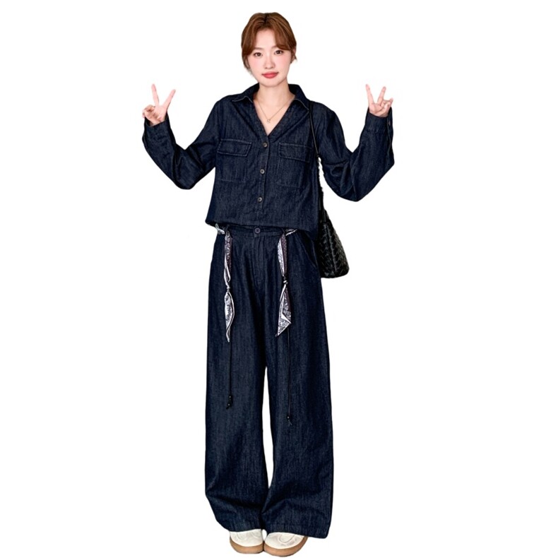 深蓝色复古牛仔套装女秋2026新款韩版设计感衬衫直筒阔腿裤两件套,女装套装/套裙,2C218