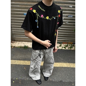 嘻哈美式高街花卉刺绣设计感短袖男女潮牌宽松重磅空气层情侣T恤图片