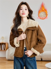 翻领皮毛一体外套2025冬季新款韩版显瘦气质复古小个子羊羔毛棉袄，女装羊羔毛/颗粒绒，拾衣