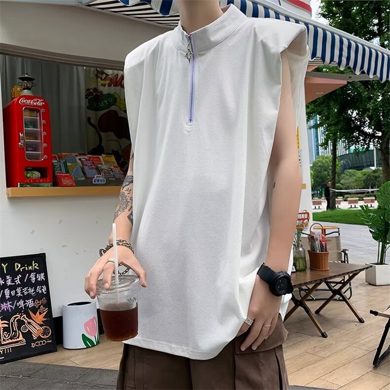半高领拉链背心男小众设计感垫肩无袖t恤男纯色坎肩打底EB03-P35,男装背心/马甲,星座1008