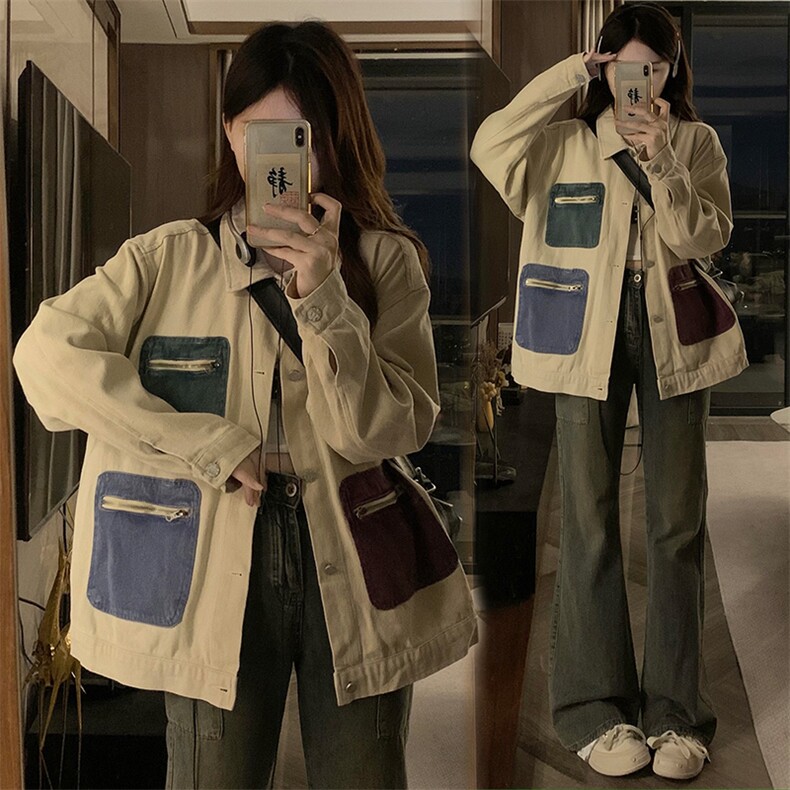 A435-P100复古多口袋牛仔外套早秋设计感小众宽松百搭夹克上衣潮，男装工装外套，星座911